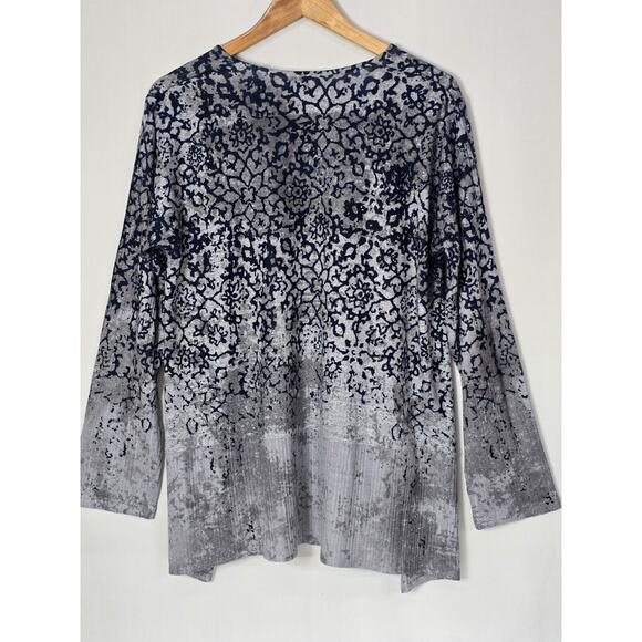 Cubism Floral Hacci Print Top Blue & Grey Long Sleeve Round Neck Tunic Style XL - Picture 8 of 8